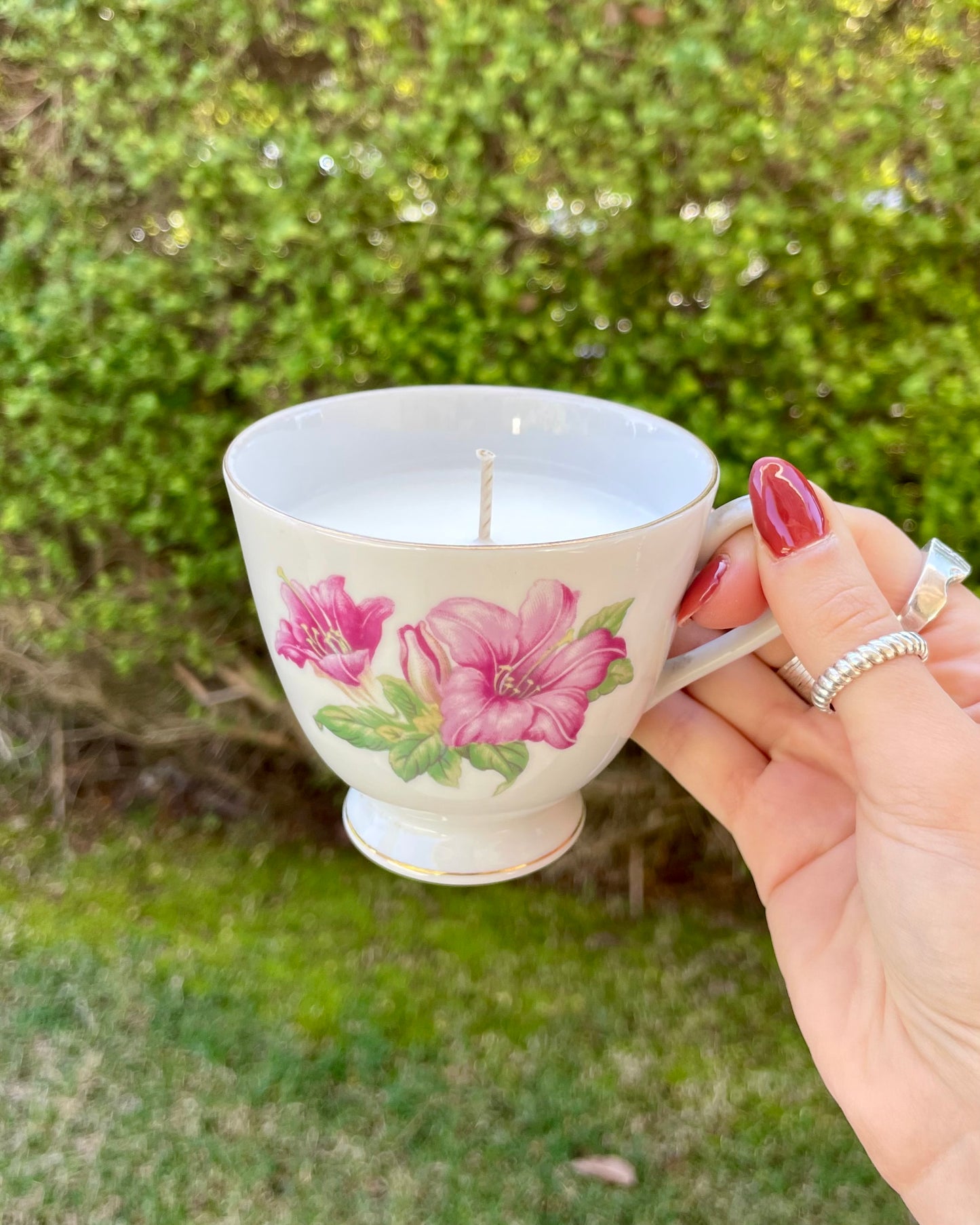 Vintage Cup Candle- Pink Flowers